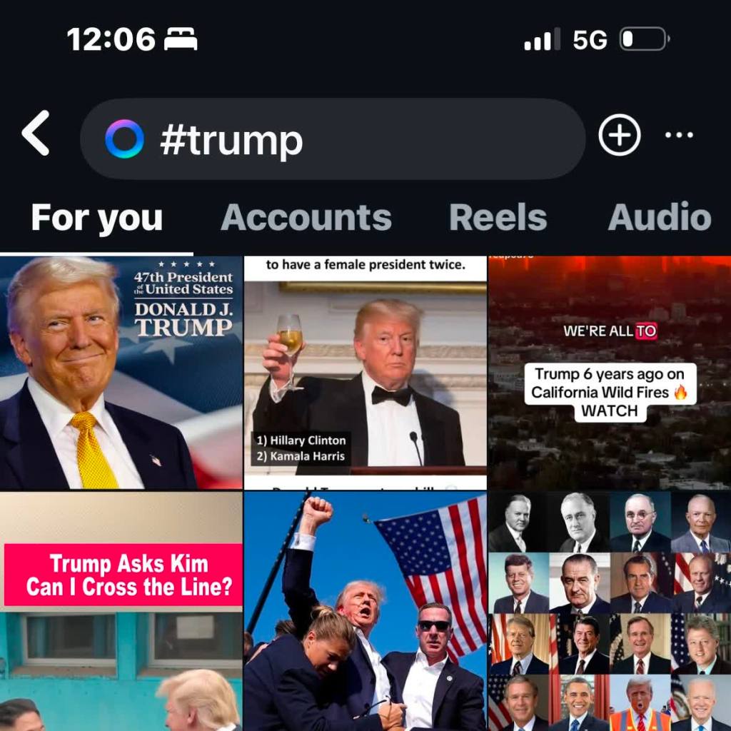 A search for "#trump" on Instagram showing several results, including photos of Trump pumping his fist in the air after an attempted assination.