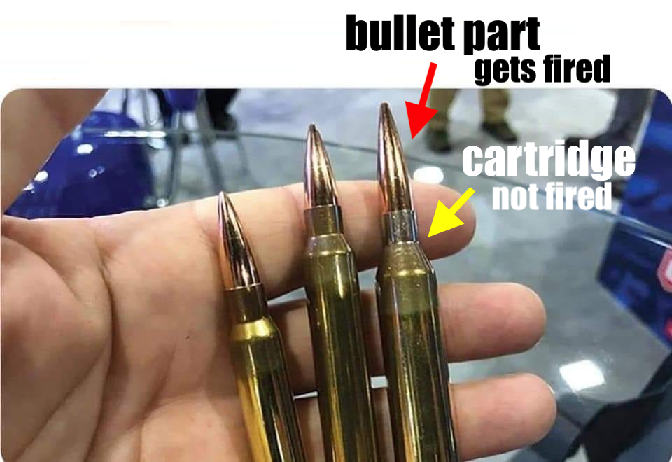 Three rounds (three of bullet plus cartridge plus contents) in someone's hand), with arrows pointing out the visible parts separately