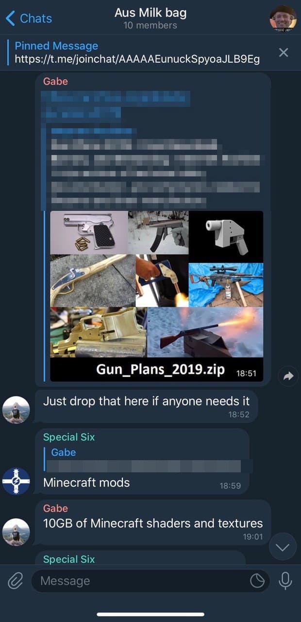 A screenshot from the telegram chat Aus Milkbag where Gabe has posted a link to a zip file, which has been blurred out but depicts guns and is titled Gun Plans 2019, with the words, Just drop that here if anyone needs it. Special Six responds, Minecraft mods, and Gabe says, 10GB of Minecraft shaders and textures.