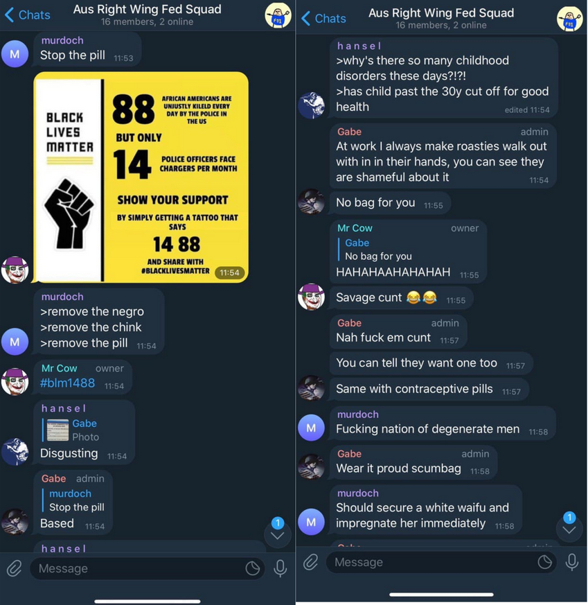 Screenshots from a Telegram chat called Aus Right Wing Fed Squad of a conversation between Murdoch, Mr Cow, Hansel and Gabe. Murdoch, Stop the pill. Murdoch posts a meme pretending to be a black lives matter infographic to trick people into getting 14 88 tattoos. Murdoch, remove the negro, remove the chink, remove the pill. Mr Cow, hashtag B L M 14 88. Gabe responds to Murdoch's stop the pill, Based. Hansel, why's there so many childhood disorders these days. has child past the 30 year cut off for good health. Gabe, at work I always make roasties walk out with in in their hands, you can see they are shameful about it. No bag for you. Mr Cow, hahahahaha savage cunt. Gabe, nah fuck em cunt. You can tell they want one too. Same with contraceptive pills. Murdoch, Fuckign nation of degenerate men. Gabe, wear it proud scumbag. Murdoch, should secure a white waifu and impregnate her immediately.