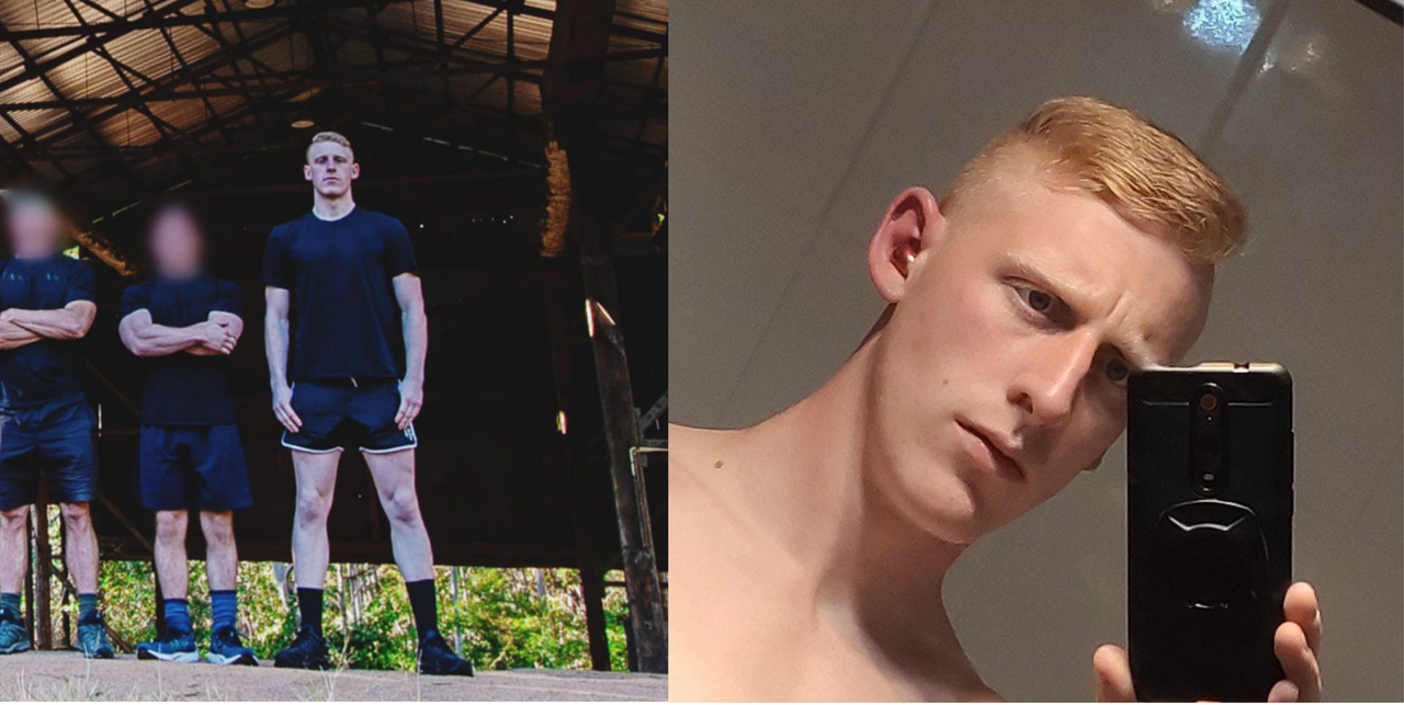 A side-by-side with two photos of Gabe Seymour, a relatively tall and very pale blonde man with ears that stick out, a large chin area and a permanently worried expression. The first pic is a full-body shot from a group photo and the second is just his head in a shirtless mirror selfie.