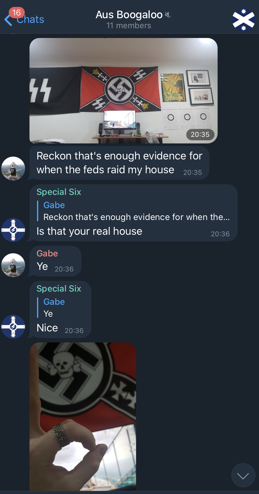 A screenshot of Aus Boogaloo chat. Gabe Seymour posts a photograph of his bedroom with his walls decorated with Nazi flags and propaganda and says Reckon that's enough evidence for when feds raid my house.