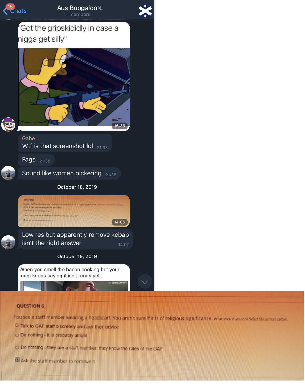 A screenshot of Aus Boogaloo chat. Gabe Seymour uploads an image of a multiple choice question for a university assessment and says Low res but apparently remove kebab isn't the right answer.