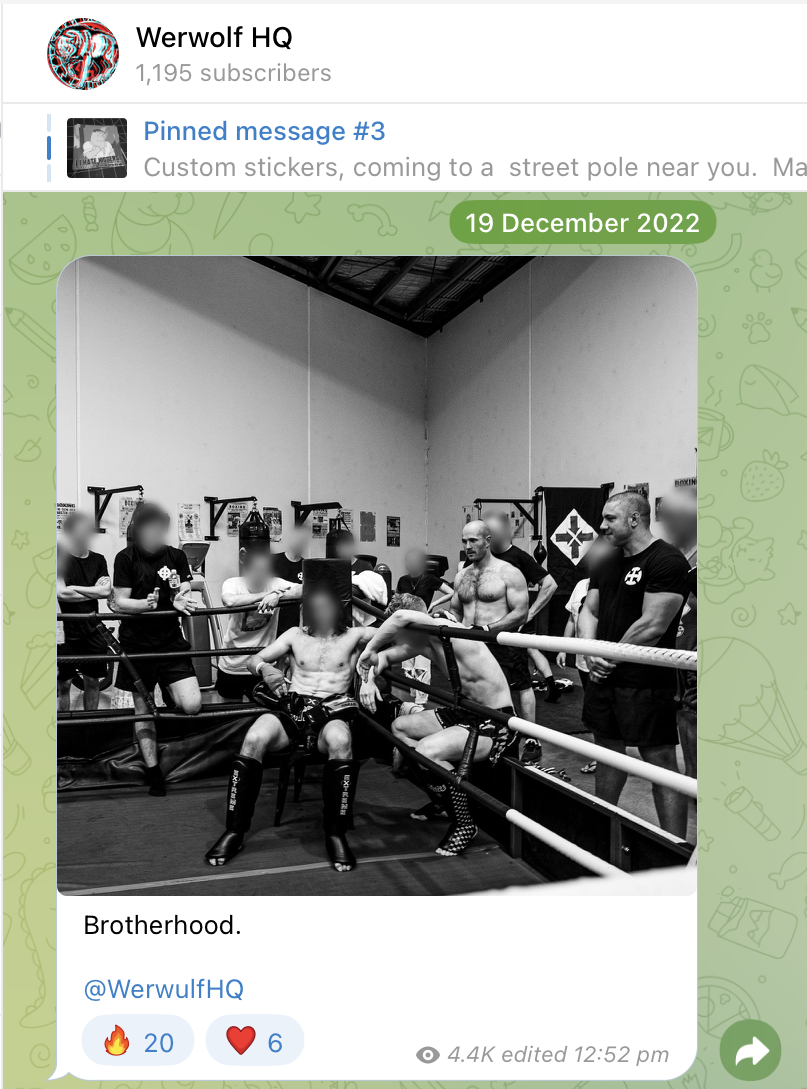 A screenshot from the Werewolf HQ Telegram channel of a post dated 19 December 2022. A black and white photo shows Gabe Seymour sitting just outside of a boxing ring, leaning on the ropes. Another neo-Nazi whose face is pixelated, sits inside the ring on a chair or stool, leaning back on the ropes. Surrounding them standing outside the ring are eight neo-Nazis with their faces blurred, and National Socialist Network leaders Thomas Sewell and Jimeone Roberts, with their faces unblurred. The caption on the image is Brotherhood.