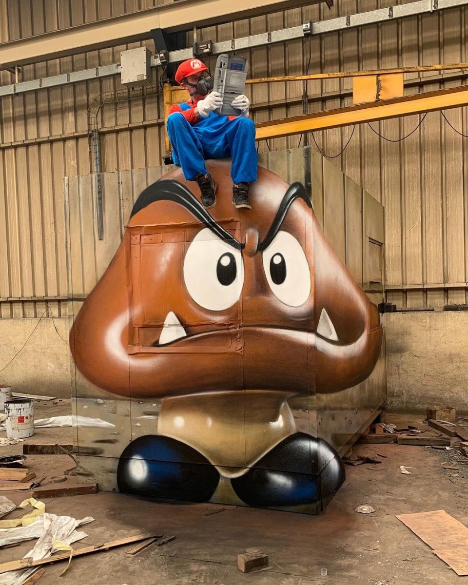 mario Goomba painted in 3d by scaf. he sitting on top of goomba as mario.