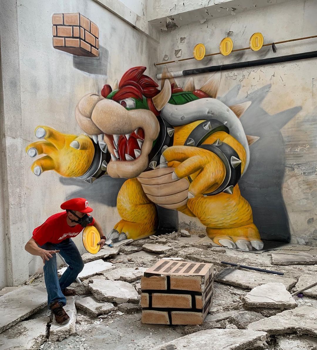 Gold Rush from super mario painted in 3d by scaf. scaf in front of gold rush with a coin drest as mario.