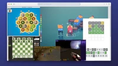 The image shows a computer screen displaying multiple video game windows arranged in a grid-like fashion. In the foreground are various game interfaces, including a chessboard, a hexagonal tile game resembling Settlers of Catan, a Wordle word puzzle, and what appears to be a first person shooter. The background is dominated by the vibrant colours and designs of the games themselves, creating a visually stimulating and dynamic scene.