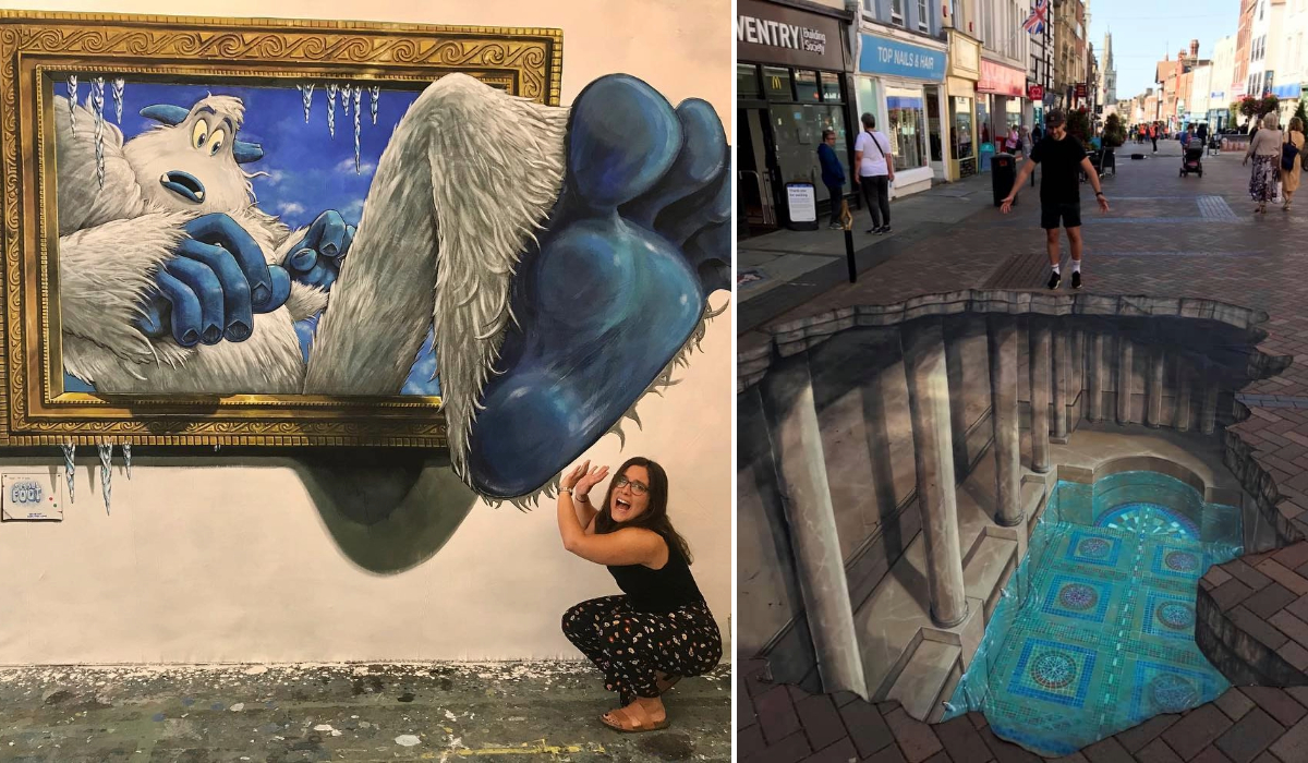 A composite image showcasing two incredible 3D street art pieces by Joe and Max. On the left, a playful yeti is bursting out of a golden picture frame, with its large blue feet extending into the viewer's space, while a woman interacts with the artwork, pretending to shield herself. On the right, an illusion reveals a Roman-style underground temple beneath a pedestrian street, complete with tall columns and vibrant mosaic tiles. Both artworks highlight Joe and Max's skill in creating interactive and visually stunning optical illusions.