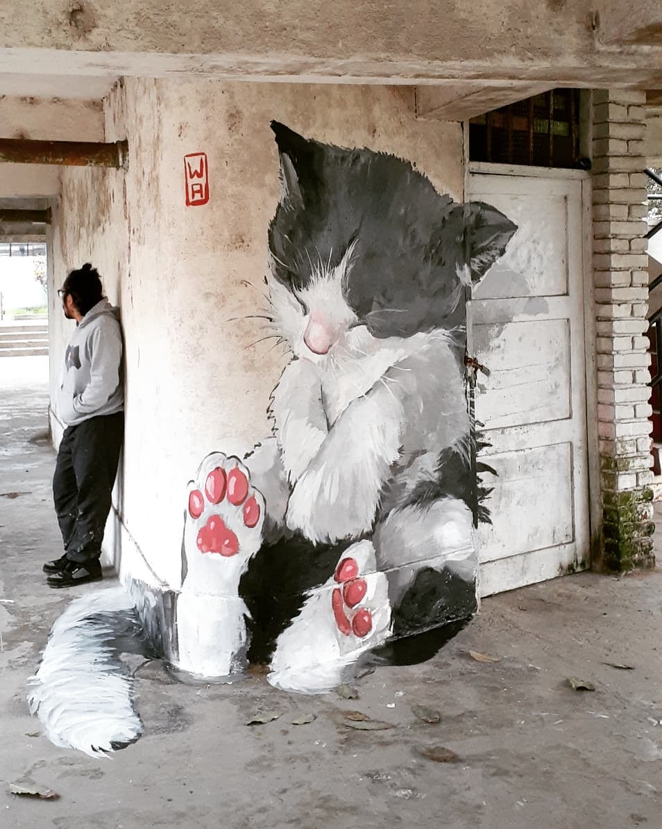 Charming mural of a sleeping kitten by artist WA in Lima, Peru, painted on a worn concrete pillar. The artwork depicts a black and white kitten with closed eyes and pink paw pads, curled up in a cozy pose, adding a touch of warmth and softness to the urban setting. A person stands nearby, leaning against the pillar, giving a sense of scale and emphasizing the lifelike quality of the mural. The artist’s choice of colors and the detailed depiction of the kitten's fur and paws create an endearing and realistic image.