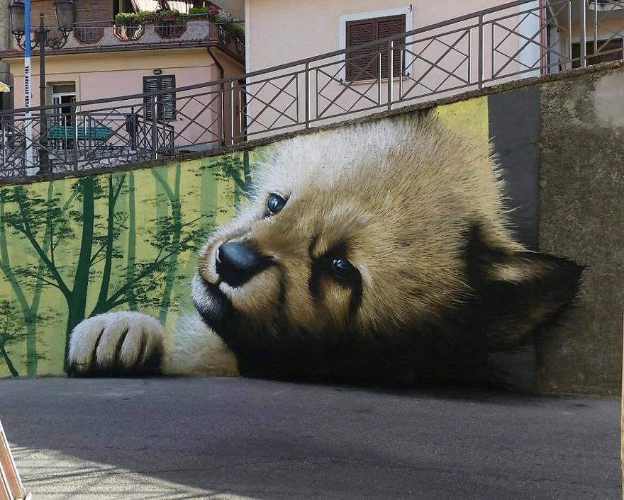 A heartwarming 3D mural by Cosimo Cheone Caiffa featuring a lifelike depiction of a baby fox lying on its side. The fox's soft fur and expressive eyes create a tender and realistic scene, blending beautifully with the forest-inspired backdrop of green trees painted on the wall. The artwork is perfectly integrated into the urban environment, transforming the ordinary setting into a whimsical and serene moment of nature. The attention to detail and warm tones evoke a sense of connection between the viewer and the depicted animal.