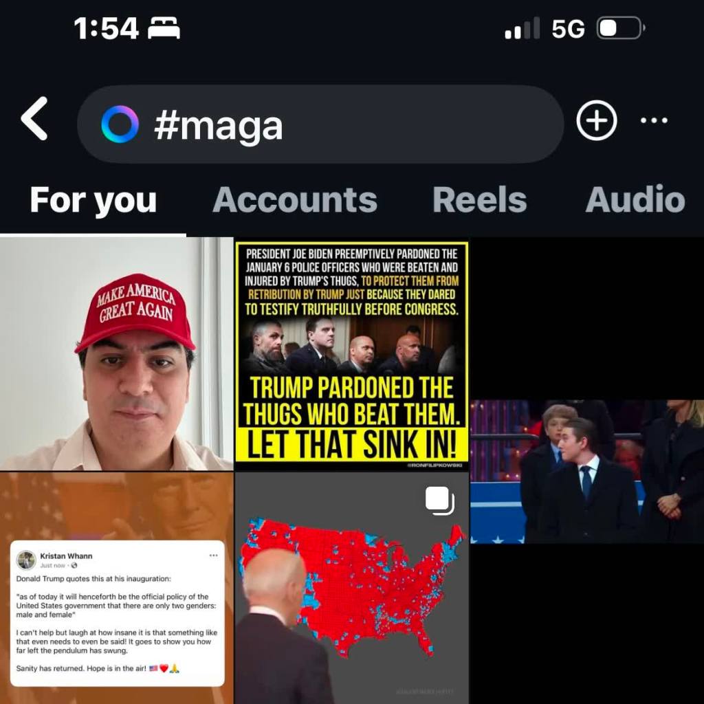 A search for "#maga" on Instagram showing several results, including a photo of a man in a red baseball cap with "Make America Great Again" printed on it.