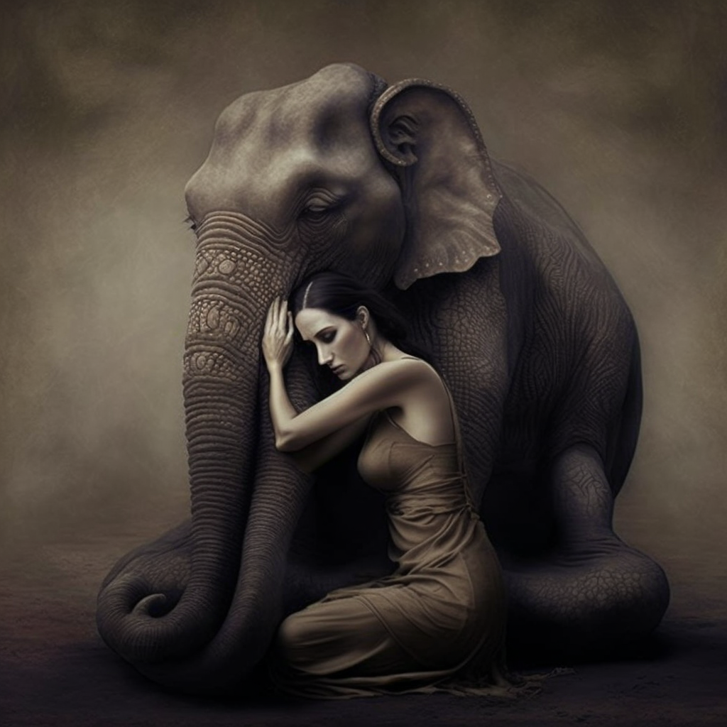 Goddess kneels while cuddling/looking after the last Mastodon, photo realism, cinematic, hyper realism, photo by Gregory Colbert --v 4 --q 2