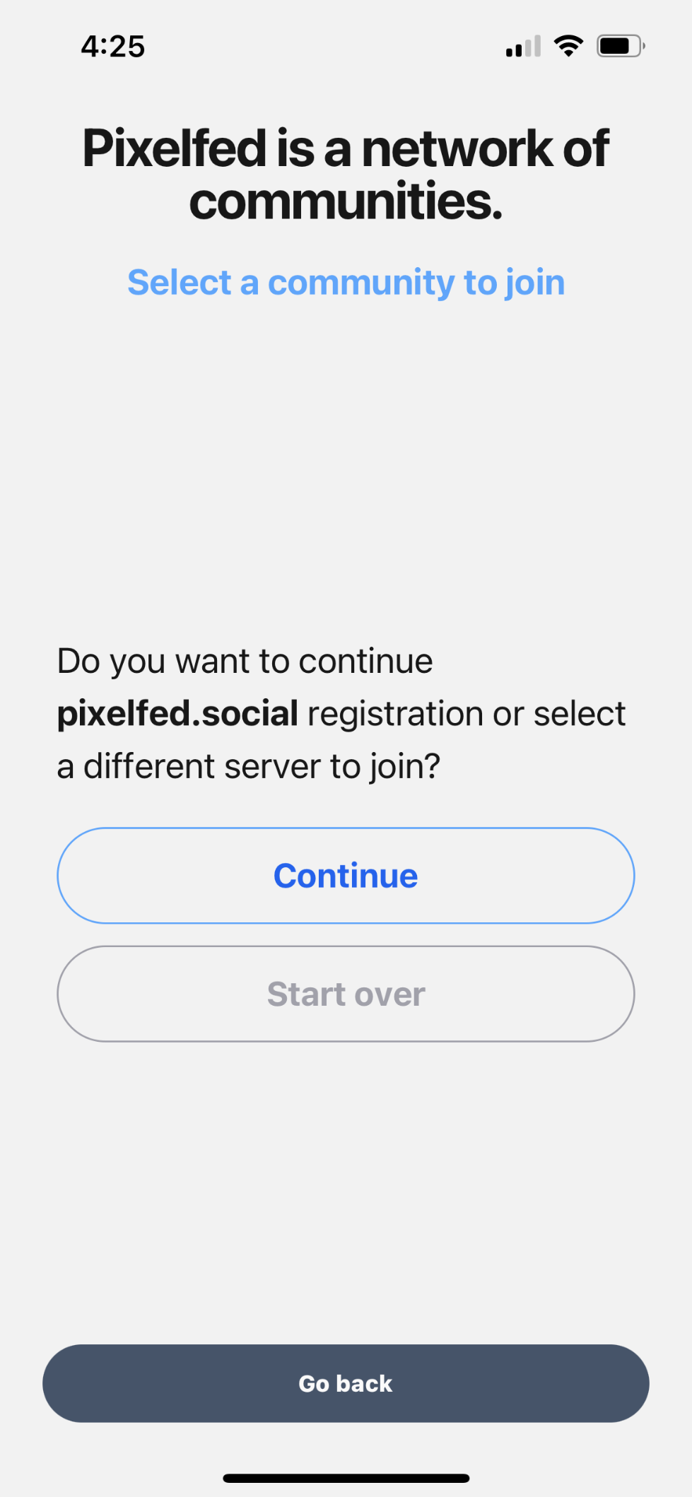 Pixelfed in-app registration
