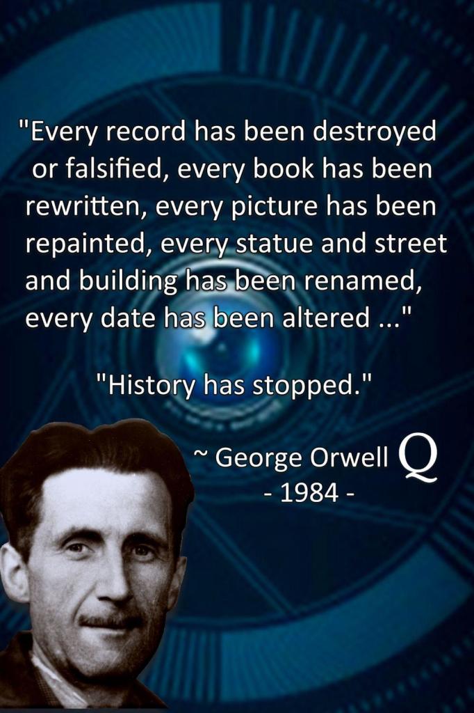 Black and white photo of #GeorgeOrwell.

Caption from "1984"::

"Every record has been destroyed or falsified, every book has been
rewritten, every picture has been repainted, every_statue and street
and building hasbeen renamed, every date has been altered ..."

"History has stopped."