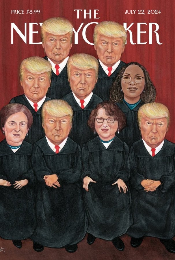 July 22, 2024

Nine seated Supreme Court justics. There's Brown, Sotomayor, and Kagan.

The other six have been replaced with pictures of Donald Trump wearing a red tie and justice robes