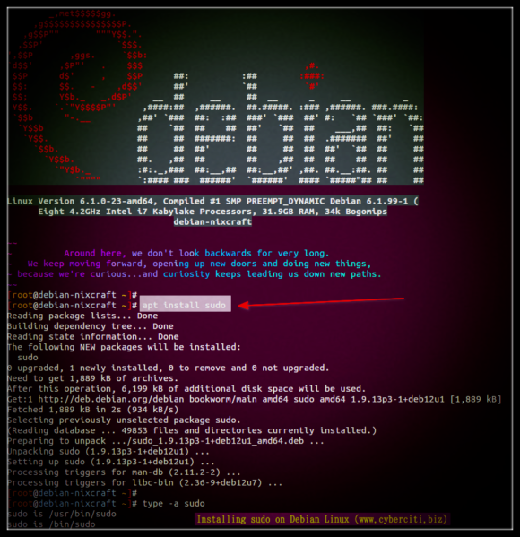 This image shows the Debian logo in the Linux terminal with various commands.