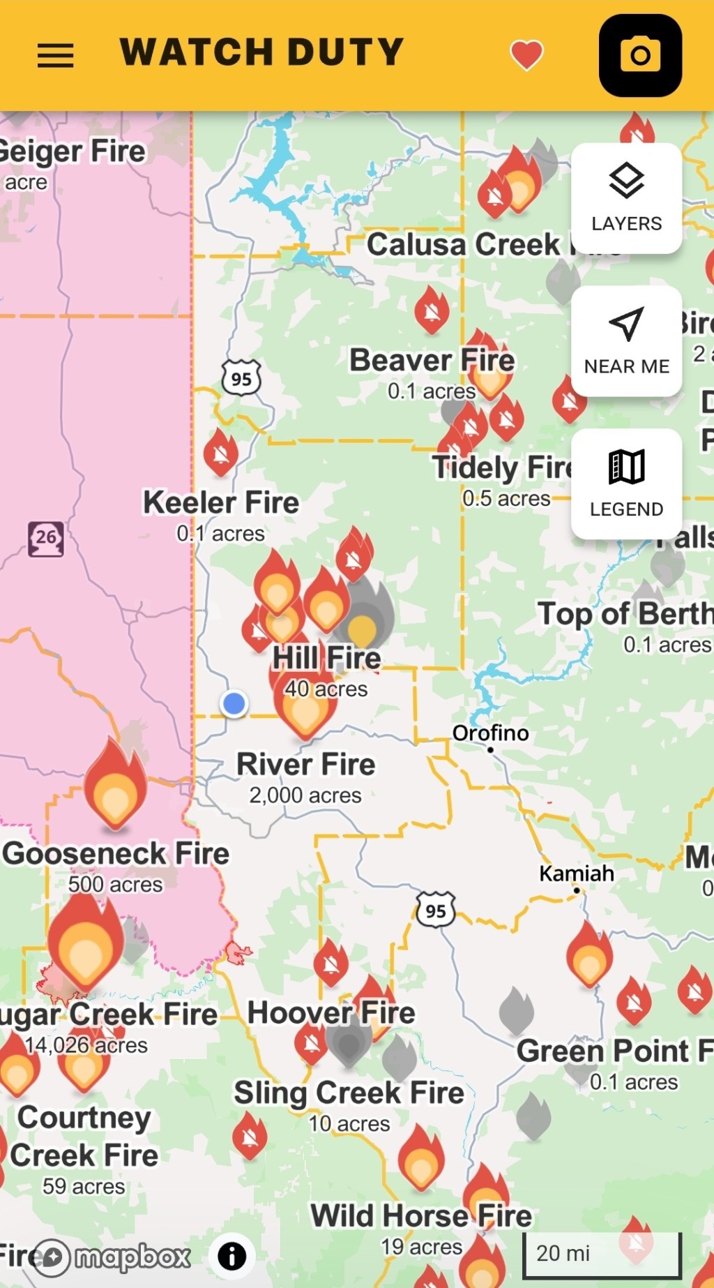 Watch Duty fire map showing region on the WA/ID border with multiple active fires. 