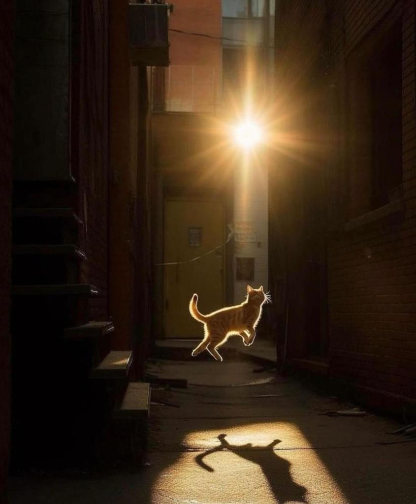 Street photography of a cat jumping towards the light