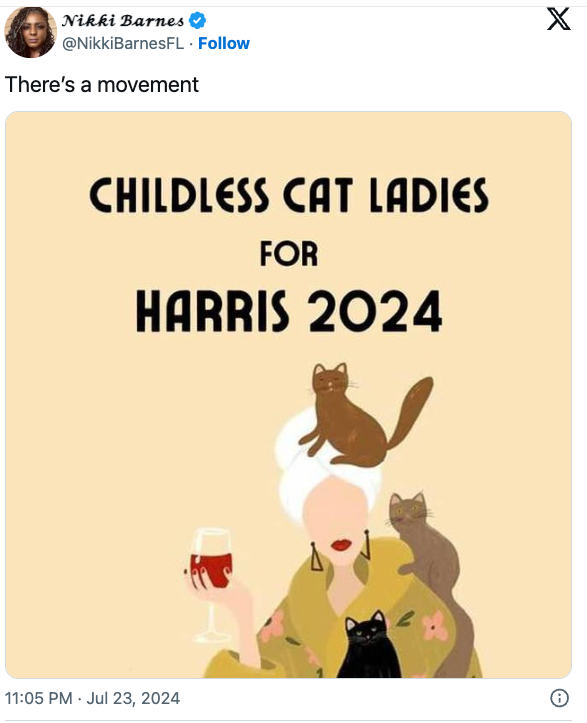 An illustration of three cats climbing on a woman with no eyes holding a glass of red wine. Above her are the words: "Childless Cat Ladies for Harris 2024". Someone on X wrote "There's a movement."