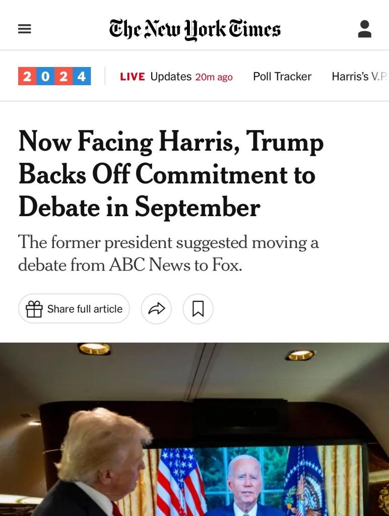 Headline Now Facing Harris, Trump Backs Off Commitment to Debate in September
The former president suggested moving a debate from ABC News to Fox.

Can the New York Times and maga Haberman Take Trump’s 3 inch dick out out of their mouth for like three minutes?