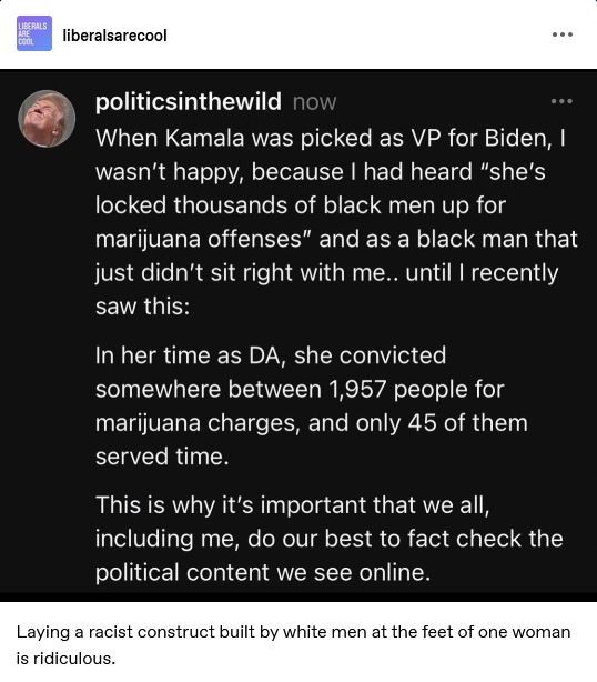 Post by liberals are cool, reposted comments from politics in the wild.
"When Kamala was picked as VP for Biden, I wasn't happy, because | had heard 'she's locked thousands of black men up for marijuana offenses' and as a black man that just didn't sit right with me.. until I recently saw this: In her time as DA, she convicted somewhere between 1,957 people for marijuana charges, and only 45 of them served time. This is why it's important that we all, including me, do our best to fact check the political content we see online."

"Laying a racist construct built by white men at the feet of one woman is ridiculous."