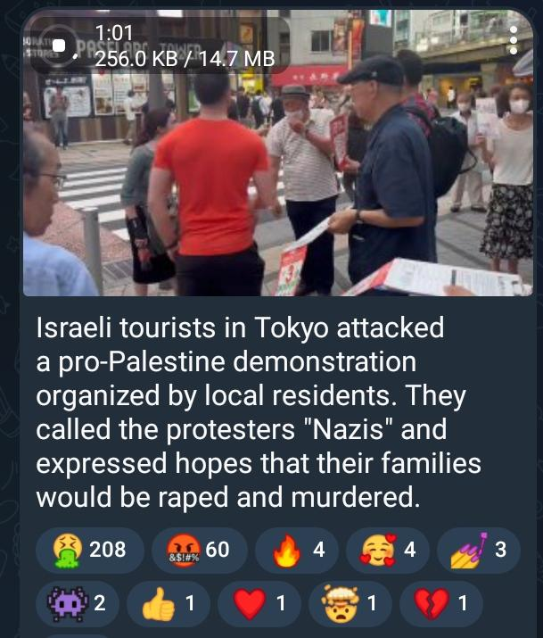 Video of confrontation on a Japanese street

"Israeli tourists in Tokyo attacked a pro-Palestine demonstration. They called the protesters "Nazis" and expressed hopes that their families would be raped and murdered" 