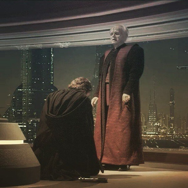 Anakin Skywalker kneels before Senator Palpatine/The Emperor in supplication. 