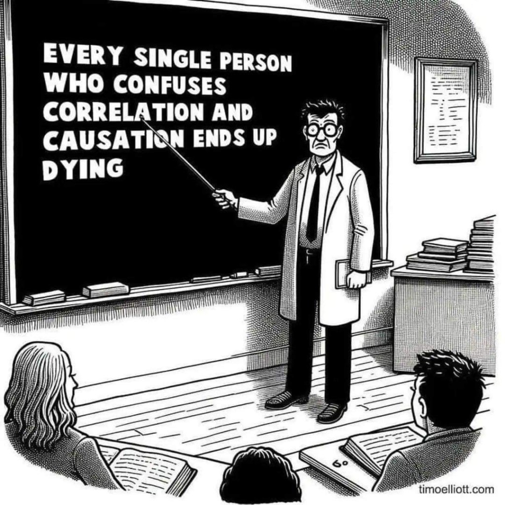 Cartoon of man in a white lab coat at a chalk board that says "EVERY SINGLE PERSON WHO CONFUSES CORRELATION AND CAUSATION ENDS UP DYING"