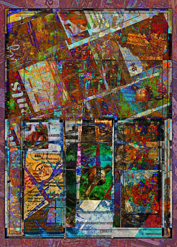 Blended elements of pieces of magazine pages has been scanned and modified in a painterly illustration. Most of the text & writing that is legible is backwards or scrambled. Only the number 24 can be clearly identified, and it is pointing on a downward diagonal in the upper right quadrant of the collage composition.