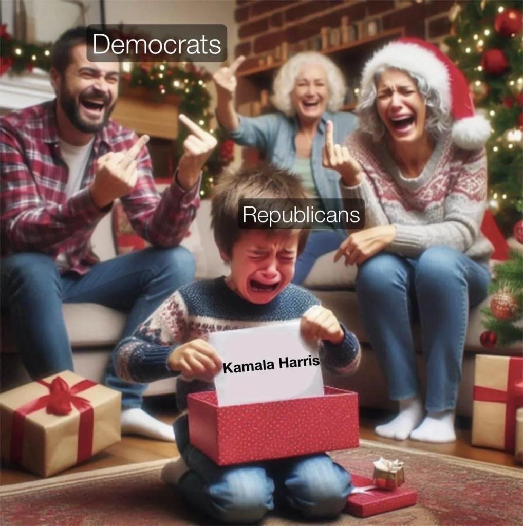 A child labeled "Republicans" is crying while opening a gift box containing a card with "Kamala Harris" written on it, surrounded by adults labeled "Democrats" laughing and showing middle fingers, set in a festive holiday setting. The image is generated by AI.