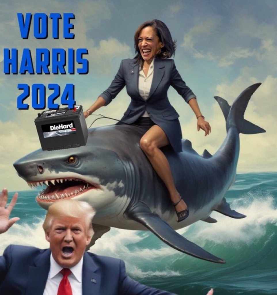 Kamala riding a shard with a car battery on its head and Trump running away in terror. 