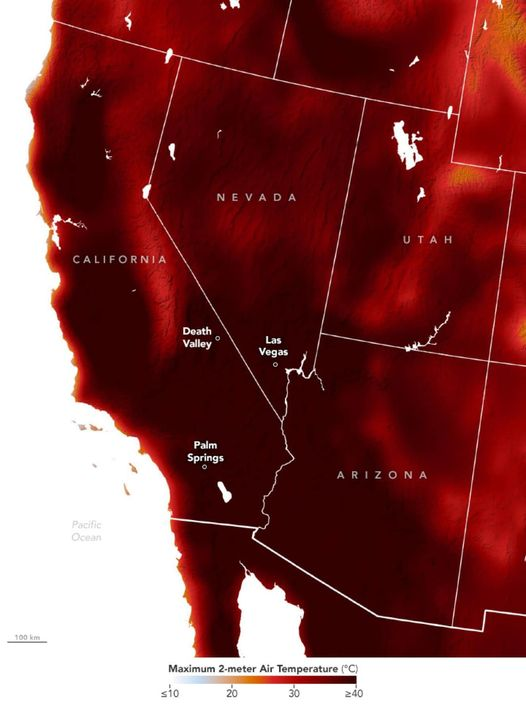 Weather map showing CA, NV, AZ & UT (adjacent states, too) with dark, dark red coloring to show temps greater than 40C (104 F).