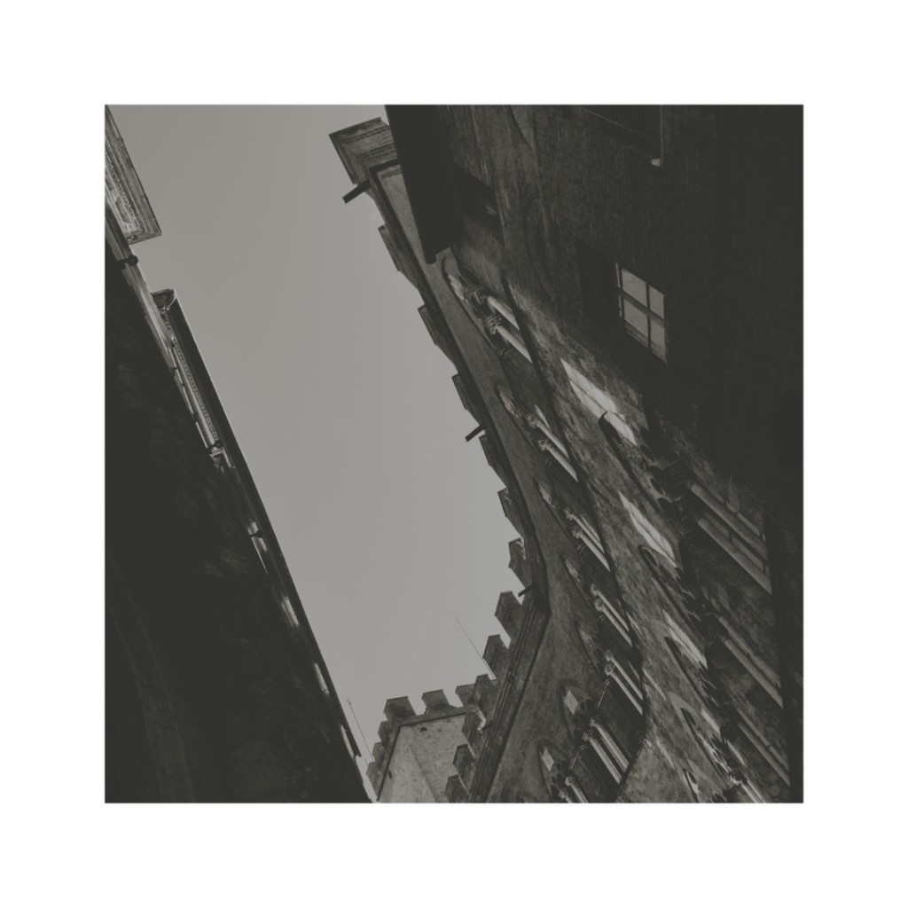 a muted black and white image of an angled renaissance facade against the sky