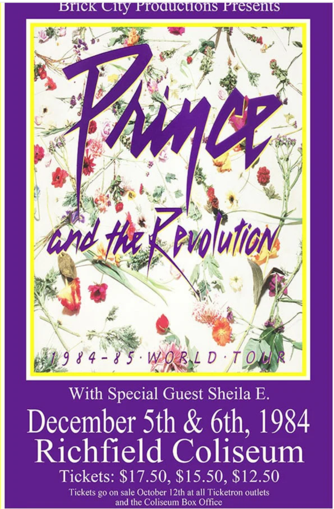 A picture showing graphics featuring Prince’s world tour 1984-85 and showing price levels below $20