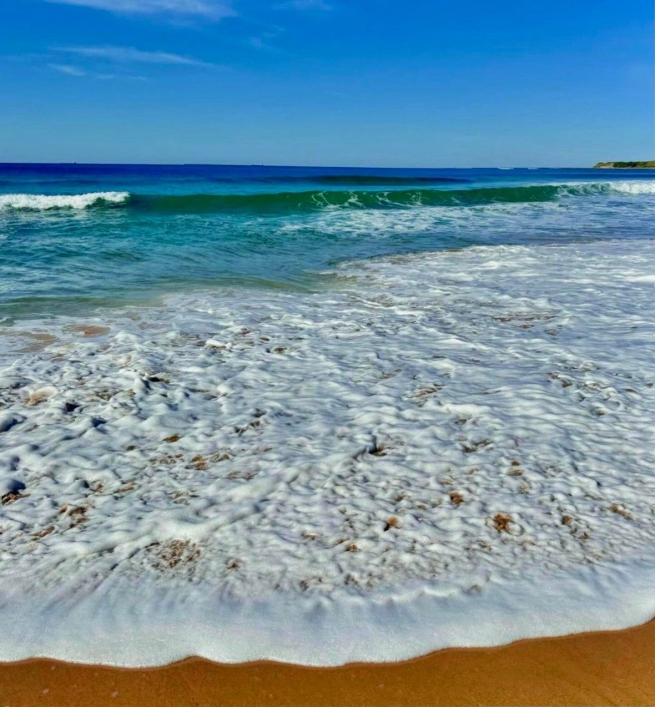 Wollongong coast on  a clear day, turquoise water rolling in, golden sand beach