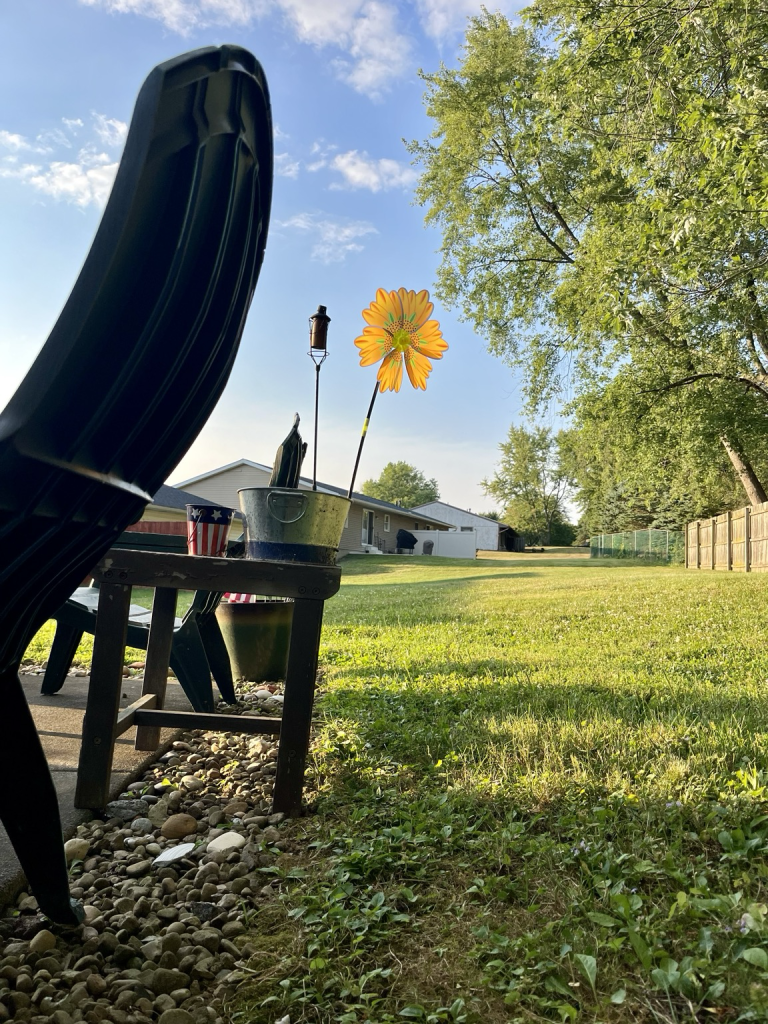 An unremarkable back yard with a festive yellow daisy shaped pinwheel spinning really fast backlit by the sun and standing out from in the foreground already in shadows. 