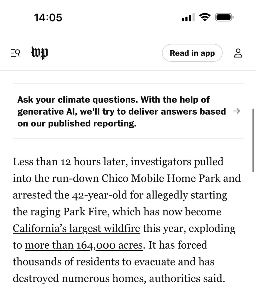 A partial screenshot of a Washington Post article displayed in Safari for iOS. The following is boldfaced and at the top: “Ask your climate questions. With the help of generative Al, we'll try to deliver answers based on our published reporting.”