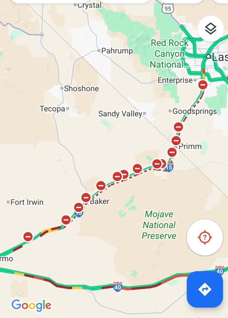 Google maps showing I15N closed to vegas