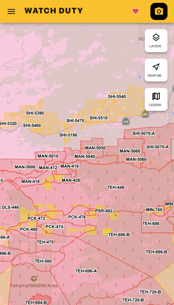 Watch Duty map of current evacuations for Park Fire.