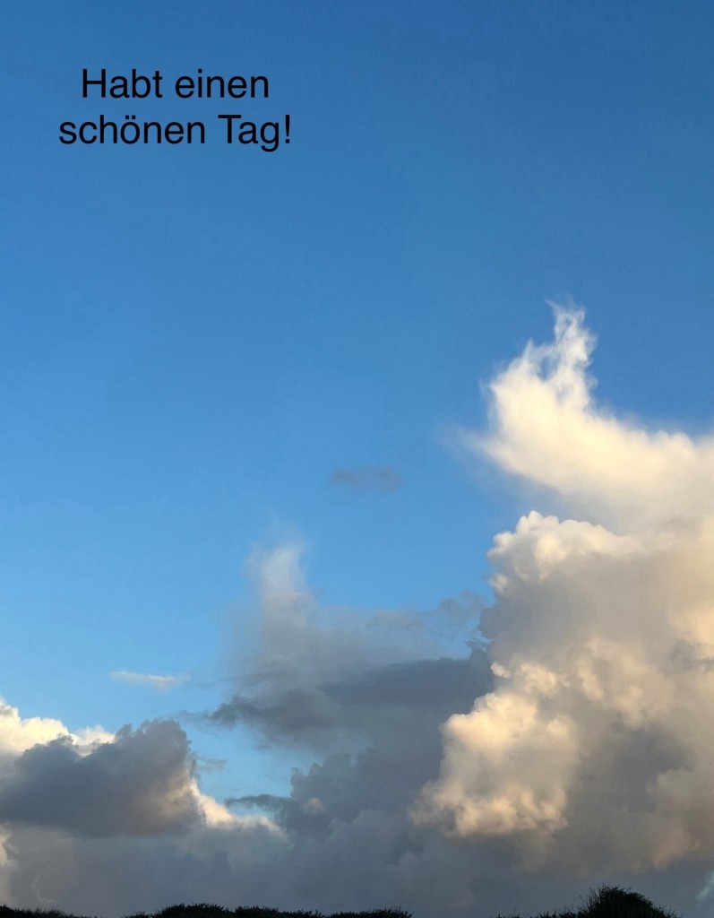 Blue sky with fluffy clouds and the text "Habt einen schönen Tag!" in German.
Blauer Himmel mit großen Wolken und dem Text „ habt einen schönen Tag!“