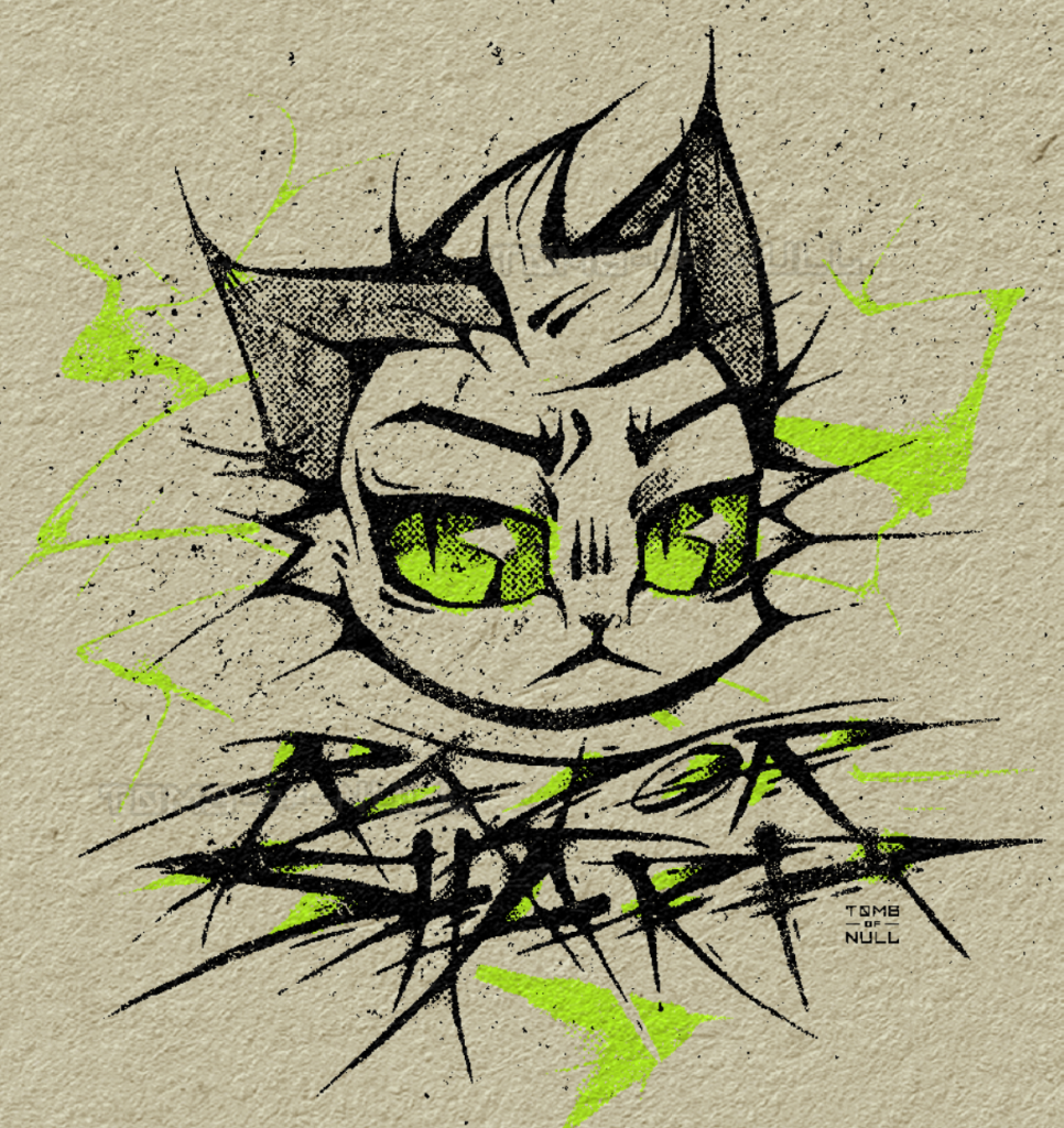 An illustration of a chibi feline character head with extremely stylized text. The text reads "razor sharp".