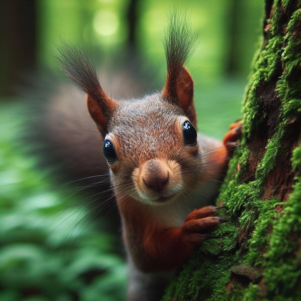 Picture an AI squirrel looking at you from behind a moss covered tree trunk.