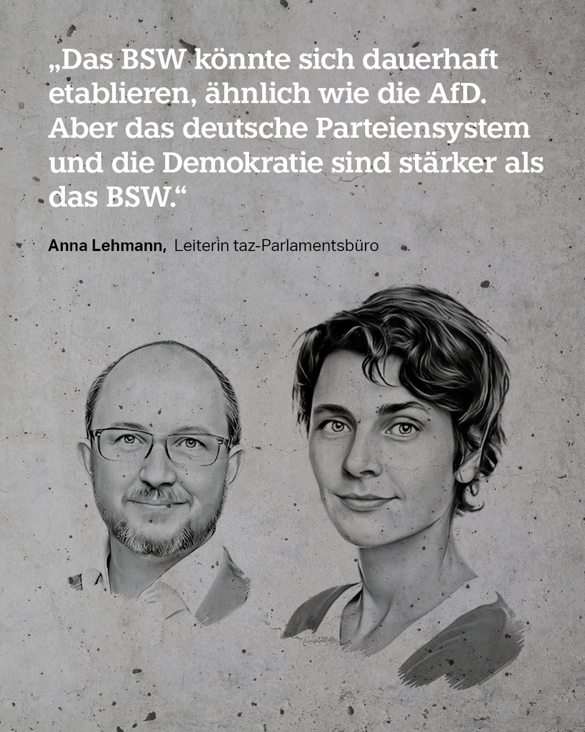 „Das BSW könnte sich dauerhaft etablieren, ähnlich wie die AfD. Aber das deutsche Parteiensystem und die Demokratie sind stärker als das BSW.“ Leiterin taz-Parlamentsbüro, Anna Lehmann