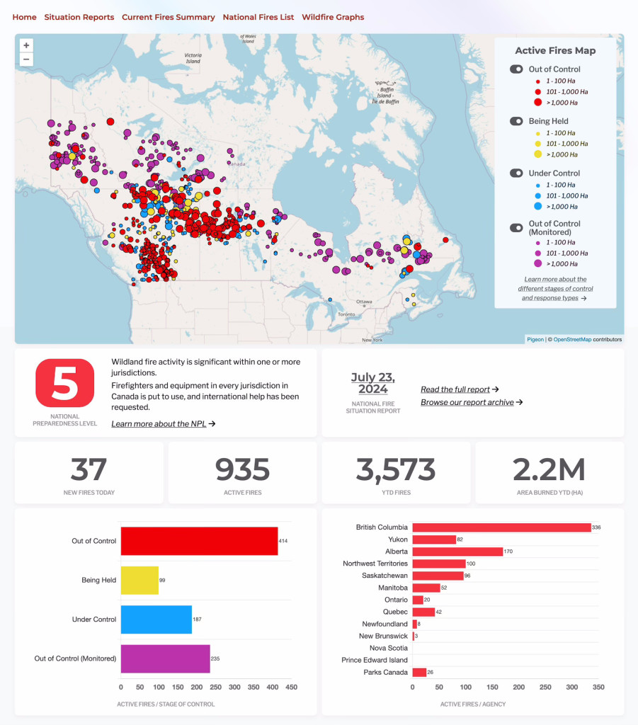 Screenshot from the Canadian Interagency Forest Fire Center, showing numbers and locations of wildfires, as described in post.