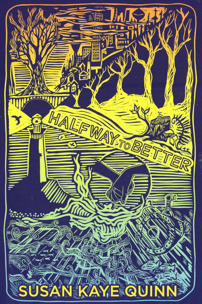 Linocut print cover for book HALFWAY TO BETTER by Susan Kaye Quinn