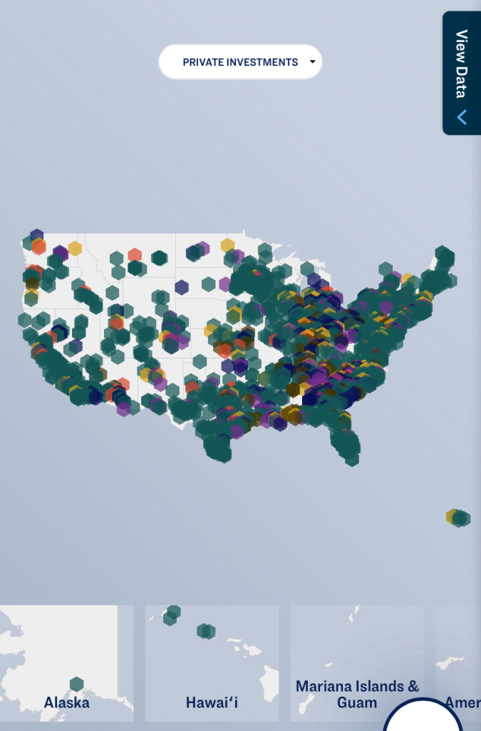 Map of the US from invest.gov showing lots of green dots