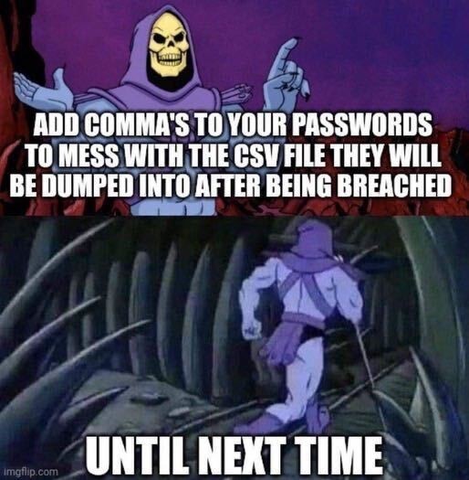 Skeletor says, "Add comma's to your passwords to mess with the CSV file they will be dumped into after being breached."

Skeletor leaves, saying, "Until next time!"