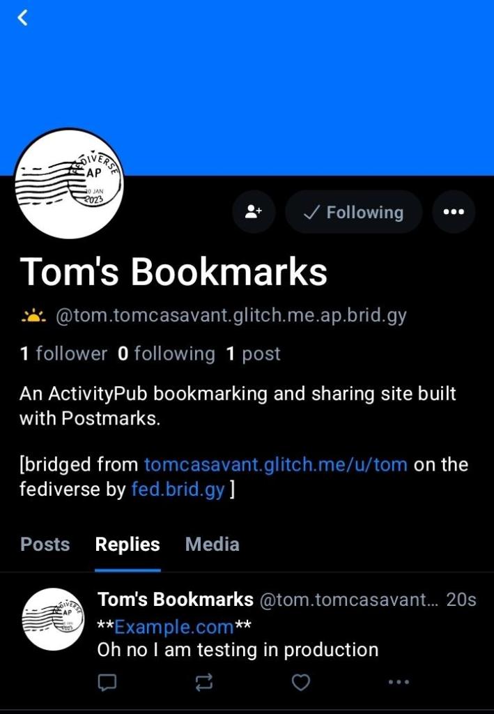 Screenshot of bluesky profile for @tom.tomcasavant.glitch.me.ap.brid.gy