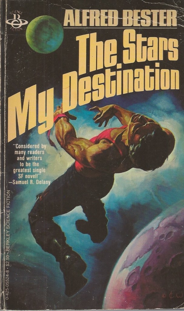 The cover of Alfred Bester's classic SF novel, 'The Stars My Destination', with Gulliver Foyle floating unconscious in space, from a painting by Ken Kelly.