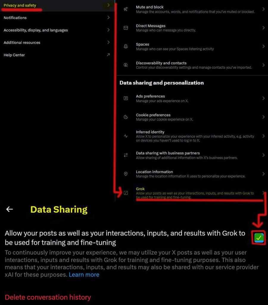 Screenshots of the settings menu on X, red arrows showing the path to the Grok ai data sharing opt-out.